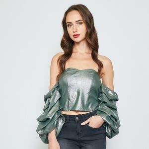 S-L Green And Silver Gathered Sleeves Sweetheart